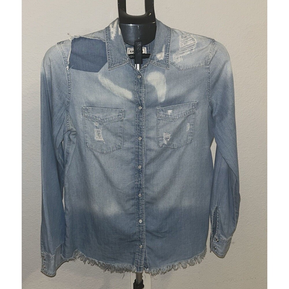 Express Boyfriend Denim Shirt S Distressed Fray Hem Bleach Splatter Patchwork